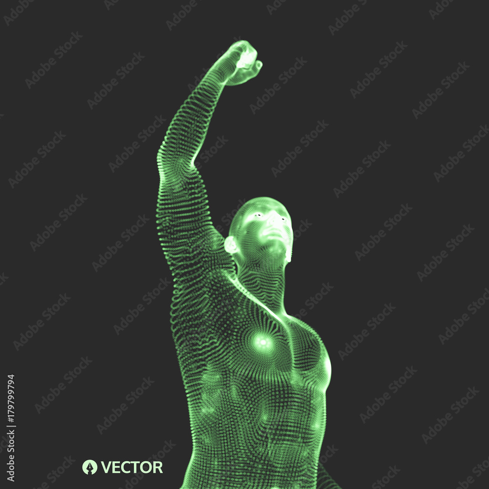 Leadership concept. Human with arm up. 3D Vector Illustration.