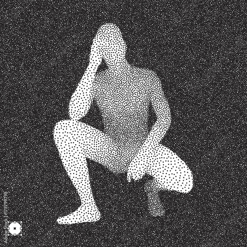 Sitting man. 3D Model of Man. Black and white grainy dotwork design. Stippled vector illustration.