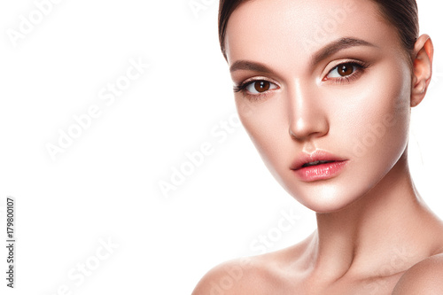 Beautiful woman portrait with fresh clear nude make up, healthy skin, skin care.