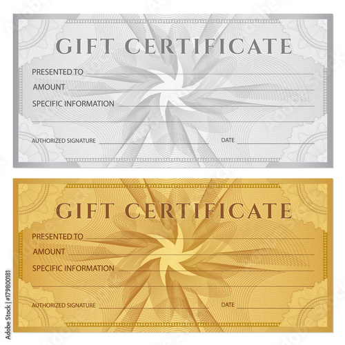 Gift certificate, Voucher, Coupon, ticket template. Guilloche pattern (watermark, spirograph). Background for banknote, money design, currency, bank note, check (cheque), ticket