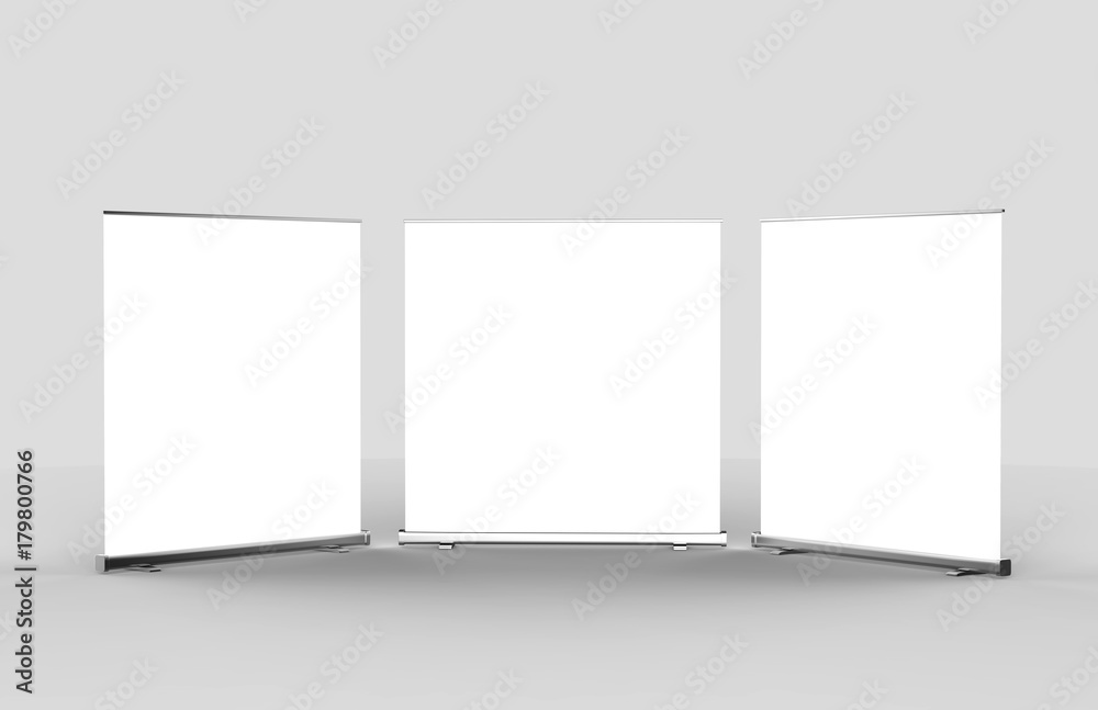 White blank empty high resolution Business Roll Up and Standee Banner display mock up Template for your Design Presentation. 3d render illustration. 200x200cm. White blank empty high resolution Business Roll Up and Standee Banner display mock up Template for your Design Presentation. 3d render illustration. 200x200cm.
