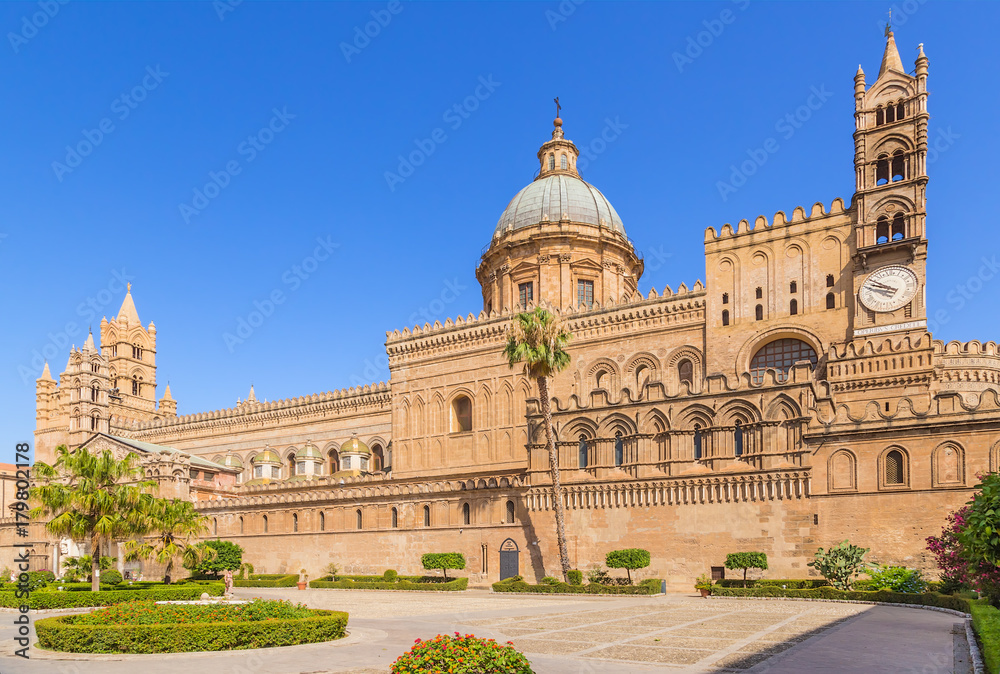 Palermo, Sicily, Italy. The Central facade of the Cathedral (Cattedrale di Vergine Assunta), the list of world cultural heritage of UNESCO