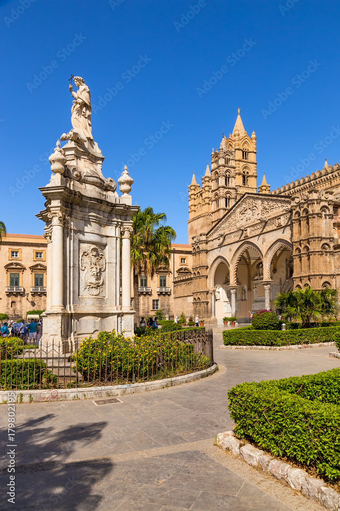 Palermo, Sicily, Italy. The statue of St. Rosalia on the square in front of the Cathedral