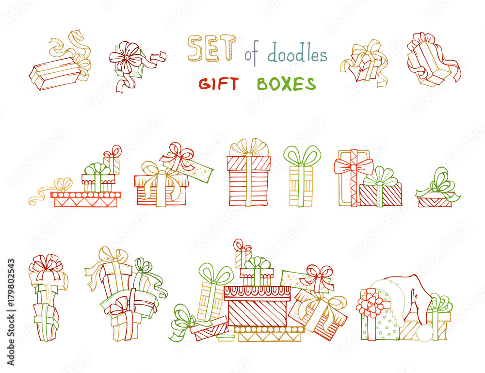 Vector set of outlined festive gifts.