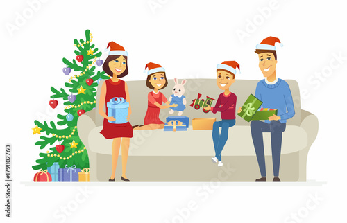 Happy family open Christmas presents - cartoon people characters illustration