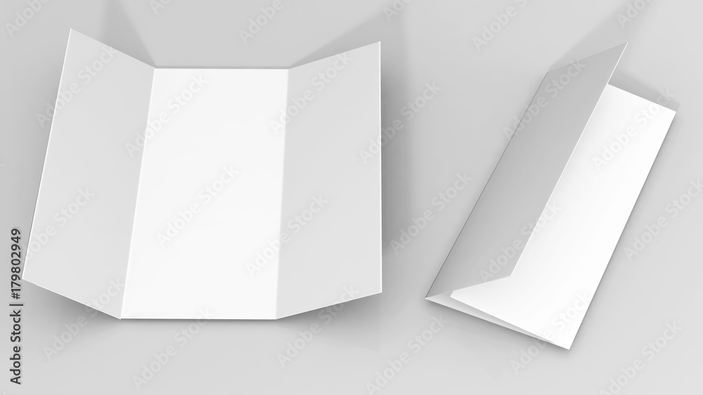Blank white fold brochure for mock up template design. 3d render illustration. Blank white fold brochure for mock up template design. 3d render illustration.