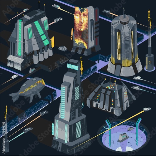 Vector map elements of futuristic neo noir city in colorfule dystopia illustration of cyberpunk scene