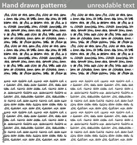 Hand drawn patterns, unreadable text. Four different seamless patterns made with hand drawn unreadable text.