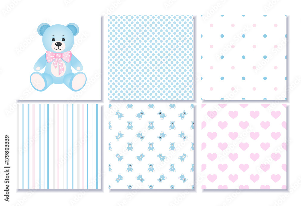 Set of design elements of baby theme-seamless patterns.Teddy bea Set of design elements of baby theme-seamless patterns.Teddy bea