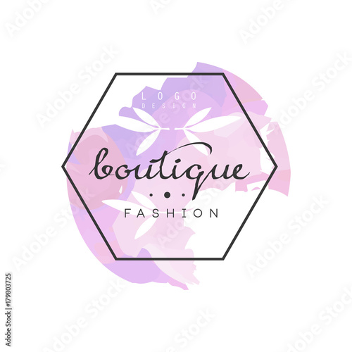 Boutique fashion logo, badge for clothes shop, beauty salon or cosmetician watercolor vector Illustration