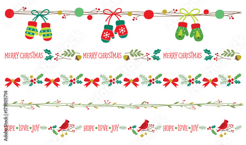 Seamless Christmas decorative borders vector illustration set.
