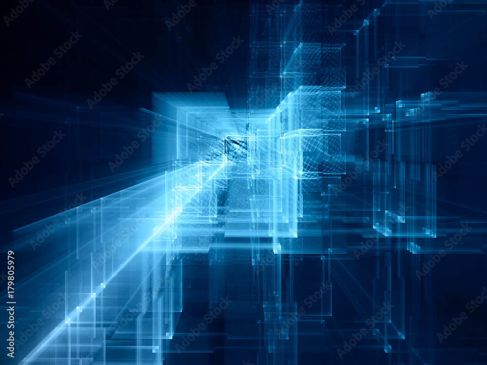 Abstract blue toned background element on black. Composition of grids and matrix patterns. Detailed fractal graphics. Information technology concept.