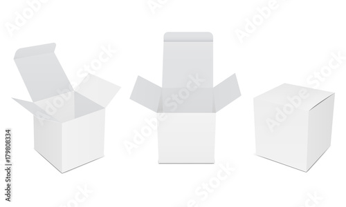 Set of blank white product packaging boxes, open and closed mockups. Three square templates in different positions for design or branding. Vector illustration