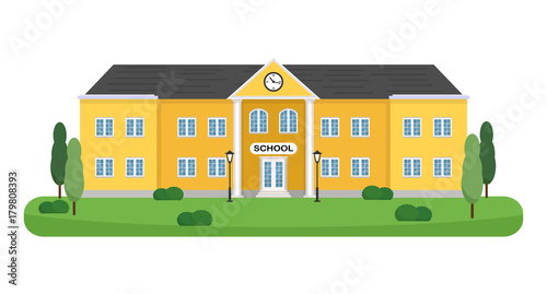 Big School building with trees, shrubs and lampposts vector illustration. Can be used for web banner, backdrop. Layout template.