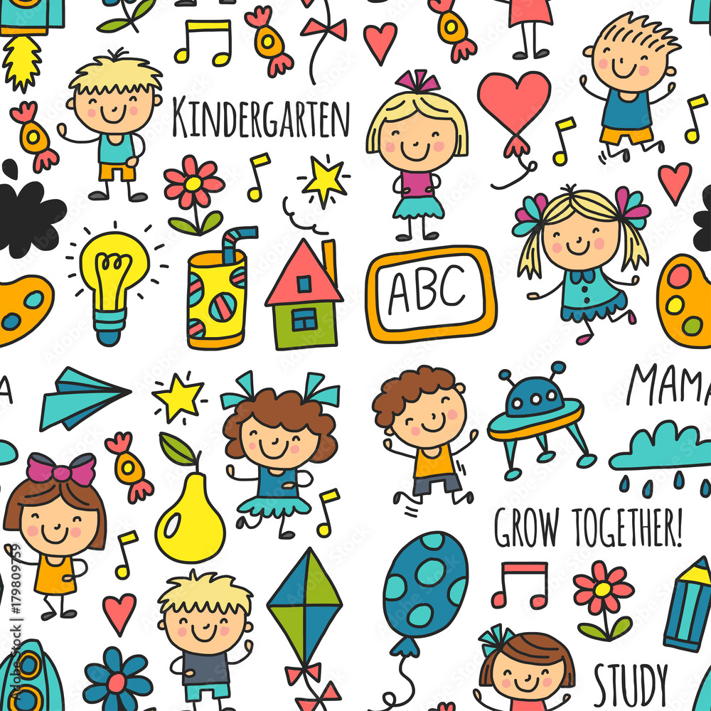 Seamless pattern Kids drawing Kindergarten School Happy children play Illustration for kids Nursery Preschool Children icon Seamless pattern Kids drawing Kindergarten School Happy children play Illustration for kids Nursery Preschool Children icon
