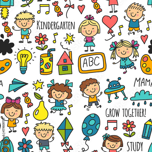 Seamless pattern Kids drawing Kindergarten School Happy children play Illustration for kids Nursery Preschool Children icon