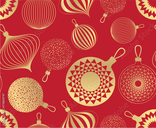 New Year pattern. golden christmas balls on red background. Seamless ornament for decor, wallpaper, gift paper and design of New Year's souvenirs