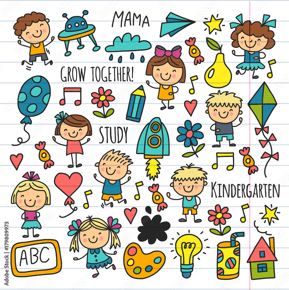 Kids drawing Kindergarten School Happy children play Illustration for kids Nursery Preschool Children icon