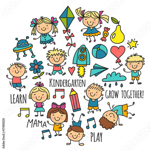 Kids drawing Kindergarten School Happy children play Illustration for kids Nursery Preschool Children icon