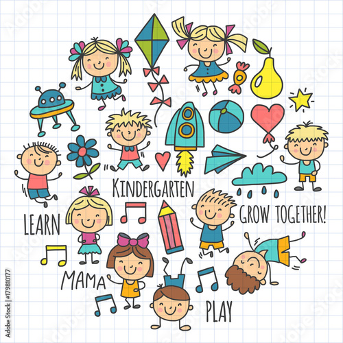 Kids drawing Kindergarten School Happy children play Illustration for kids Nursery Preschool Children icon