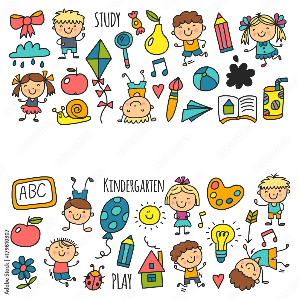 Kindergarten Nursery Preschool School Education with Children Doodle  Pattern Kids Play and Study Boys and Girls Kids Stock Vector - Illustration  of house, doodle: 104131759