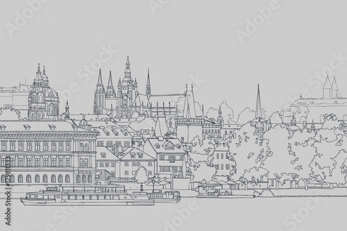 sketch view of old European city by the river