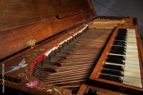 Details of an old baroque clavichord strings keyboard photo