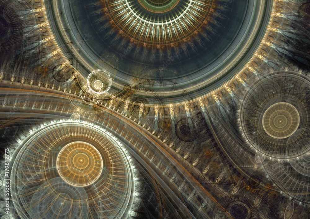 Cogwhell fractal, abstract mechanical and steampunk background