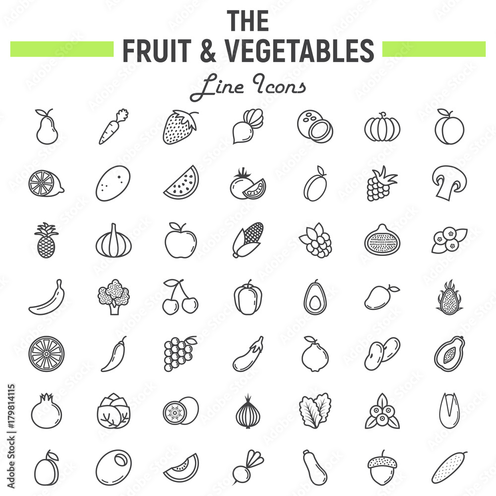 Fruit and Vegetables line icon set, food symbols