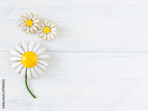 Woman's Jewellery. Vintage jewelry background. Beautiful daisy vintage brooch and earrings on white. Flat lay, top view