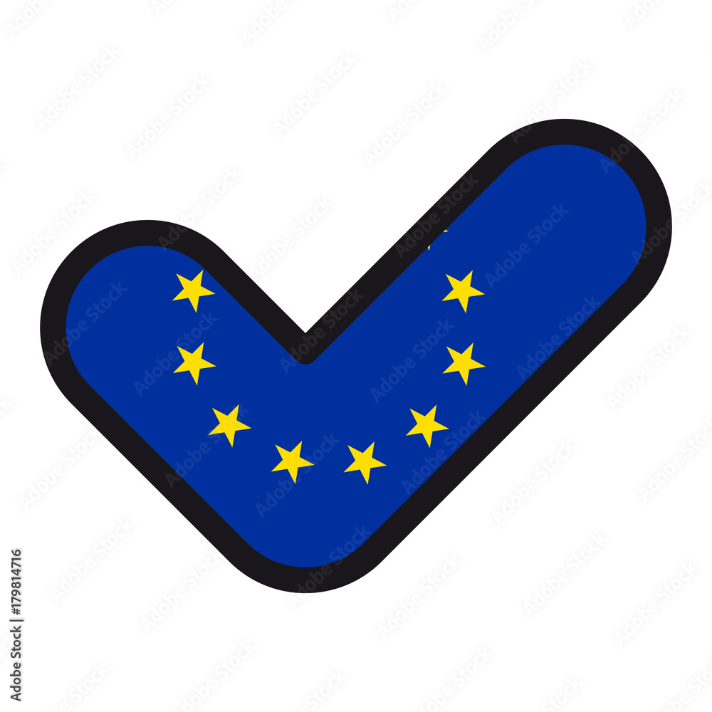 Flag of European Union, EU in the shape of check mark, sign approval, symbol of elections, voting. Flag of European Union, EU in the shape of check mark, sign approval, symbol of elections, voting.