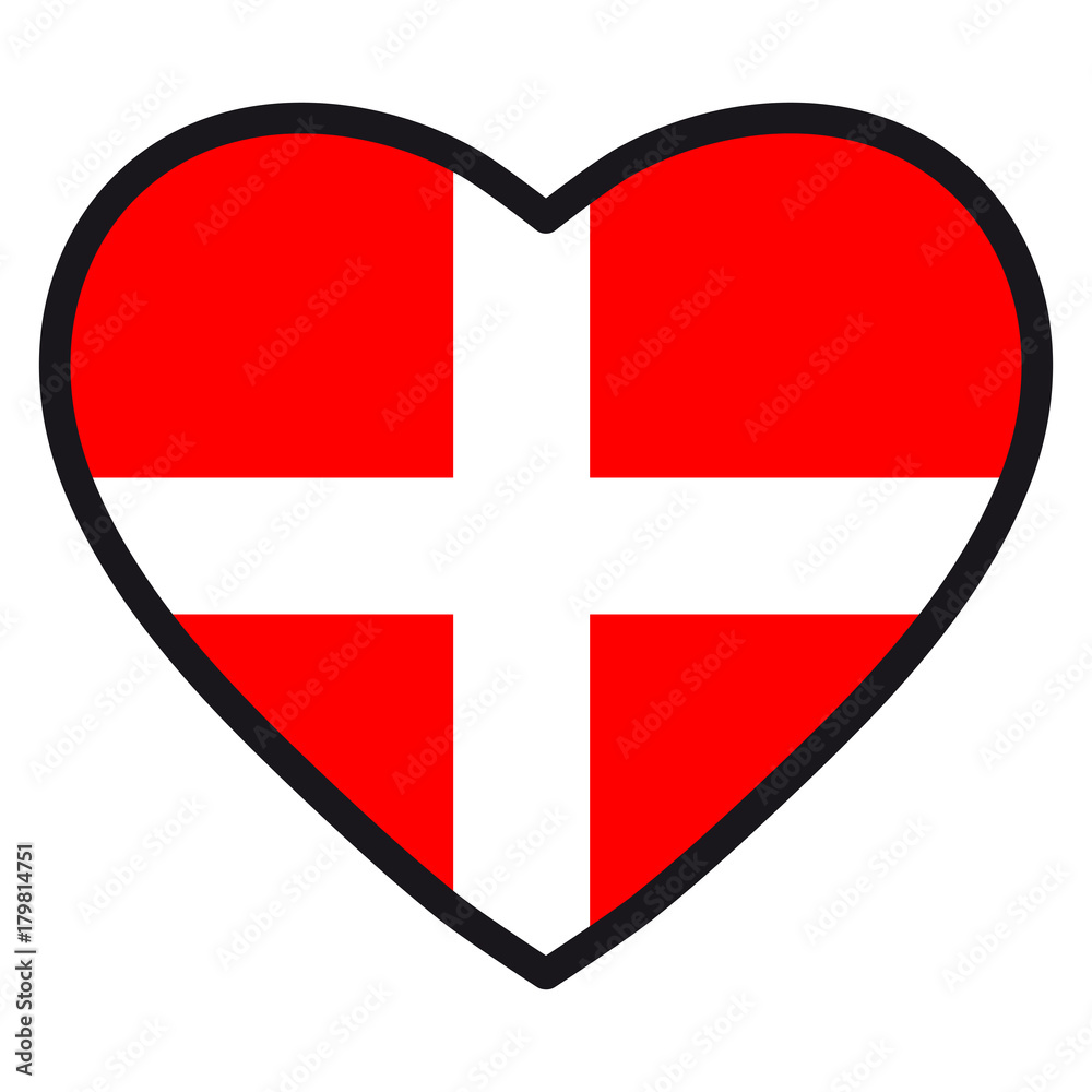 Obraz premium Flag of Denmark in the shape of Heart with contrasting contour, symbol of love for his country, patriotism, icon for Independence Day.