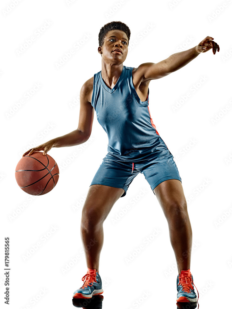 Fototapeta premium one african Basketball players woman teenager girl isolated on white background with shadows