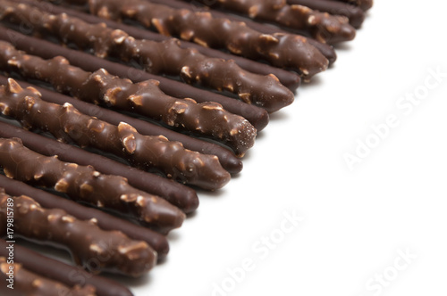 Chocolate Filled Biscuit Sticks on White Background