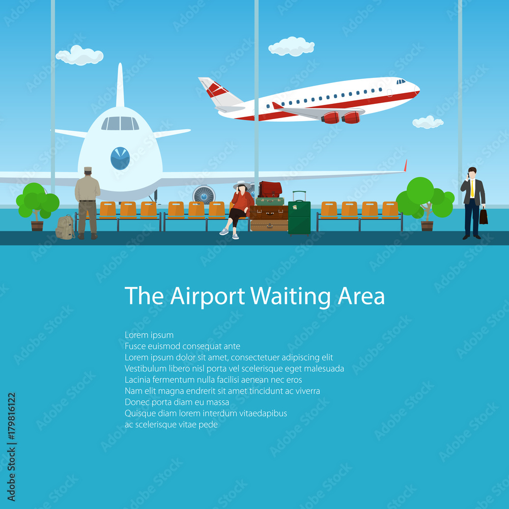 Waiting Room at the Airport with Passengers, View on Airplanes through the Window, Travel and Tourism Concept, Poster Brochure Flyer Design, Vector Illustration