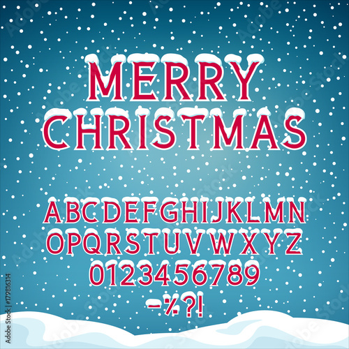 Snow on the Letters, Winter Font, Holiday Background with Alphabet and Numbers, Snowfall and Snowdrifts, Vector Illustration
