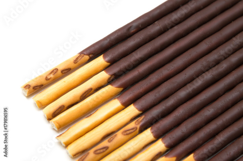Chocolate Filled Biscuit Sticks on White Background