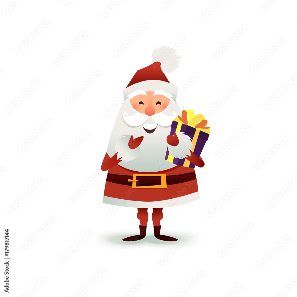 Santa Claus with gift and present box. Happy Christmas father cartoon character. Cute X-mas character for holiday design. New year Greeting Card for invitation, congratulation. Flat vector Santa Claus with gift and present box. Happy Christmas father cartoon character. Cute X-mas character for holiday design. New year Greeting Card for invitation, congratulation. Flat vector