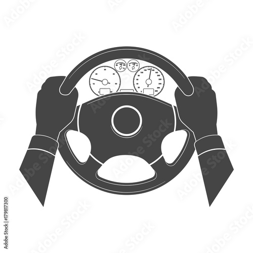 Hands hold the helm of car.