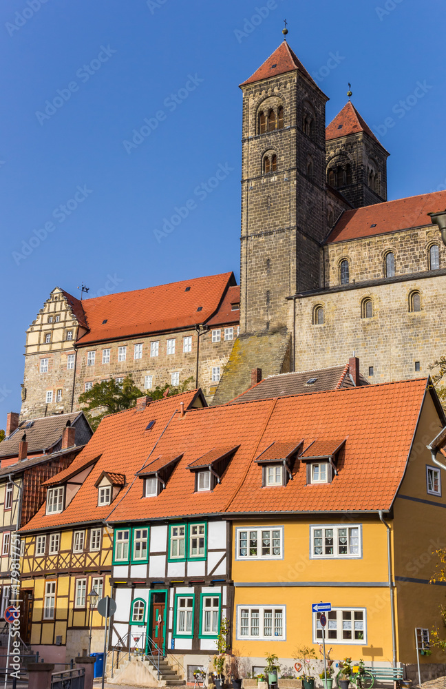 Fototapeta premium Castle and colorful houses in historic city Quedlinburg