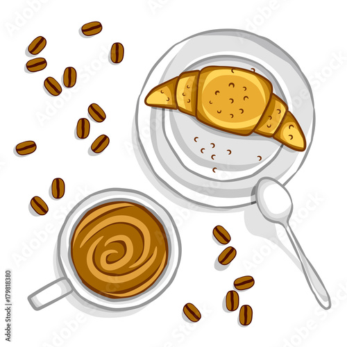 croissant and coffee on a silver platter cartoon. a teaspoon and coffee beans. isolated illustration on white background