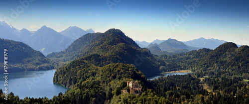 panorama view to palace Hohenschwangau Castle or Upper Swan County Palace in Hohenschwangau village near Fussen in Bavaria, Germany. It was the childhood residence of King Ludwig II.