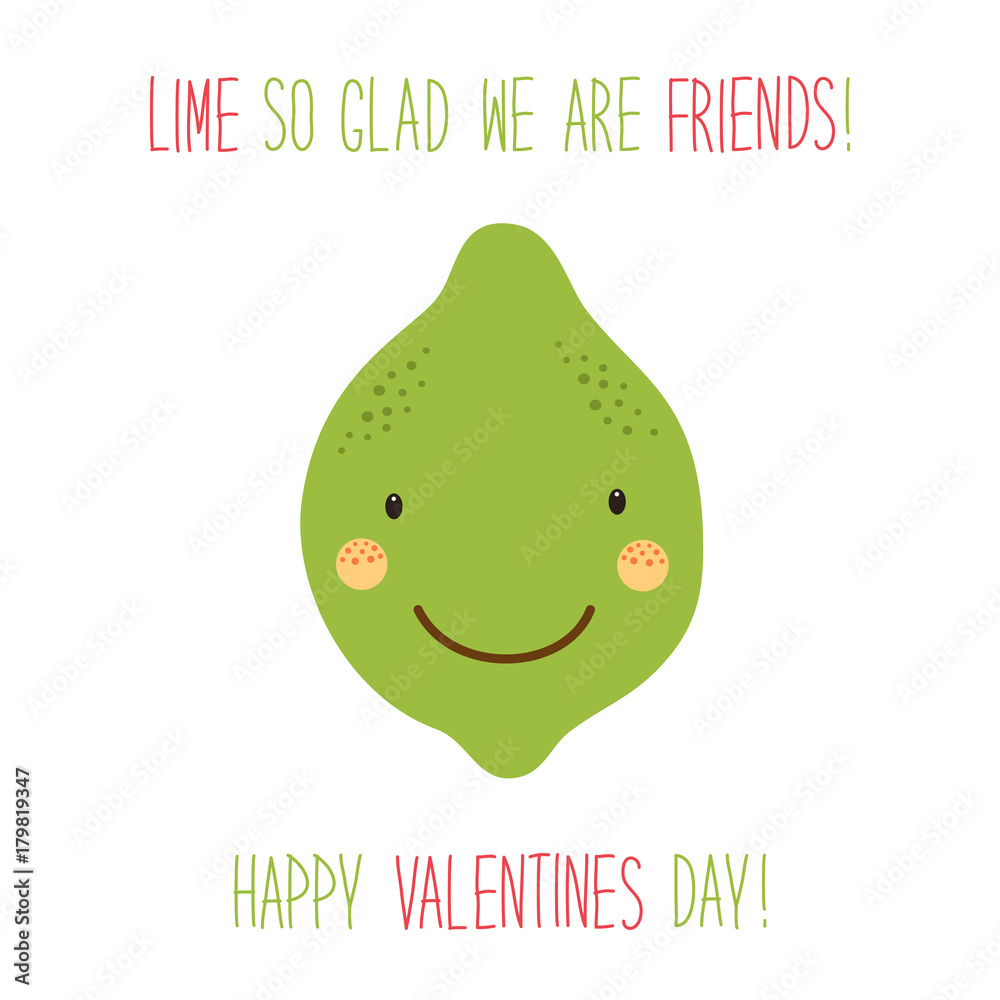 Cute unusual hand drawn Valentines Day card with funny cartoon characters of lime
