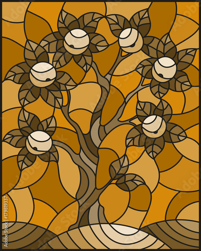 Illustration in stained glass style with an  apple tree standing alone on a hill against the sky,Sepia,monochrome