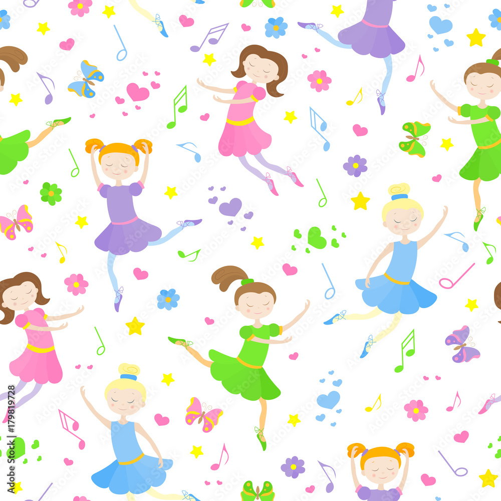 Seamless pattern on the theme of ballet and dance, cute girls dancers on a white background Seamless pattern on the theme of ballet and dance, cute girls dancers on a white background