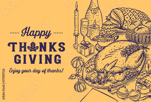 Hand drawn Thanksgiving dinner background, Vector Illustration