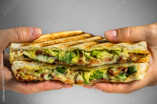 grilled ham panini in mans hands