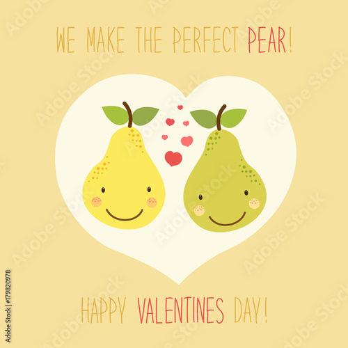 Cute unusual hand drawn Valentines Day card with funny cartoon characters of pear