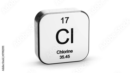 Chlorine element symbol from the periodic table on white metallic rounded square icon