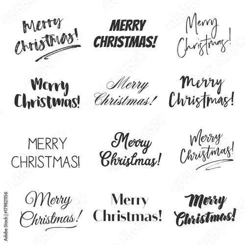 Merry Christmas greetings vector overlay set, hand lettering collection of various fonts, black and white text on white background